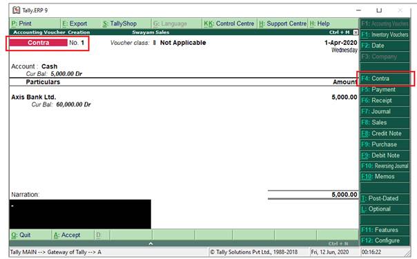 Contra Voucher F4 in Tally.Erp9